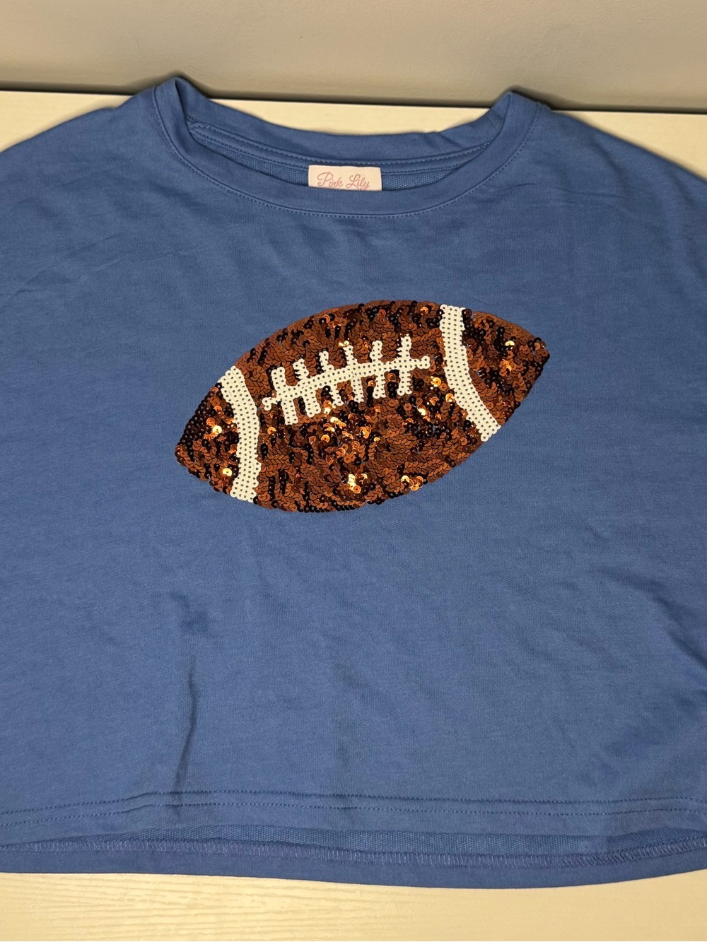 Pink Lily Blue Tee with Brown & White Sequin Football